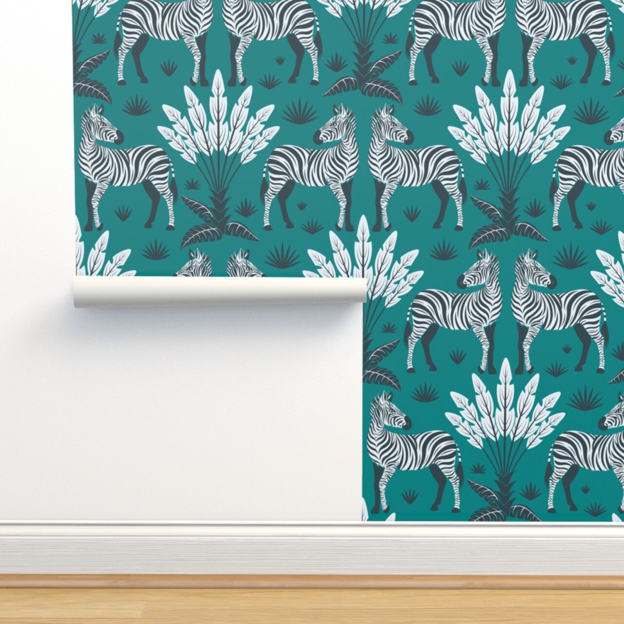 Teal Nature Animal Zebra Africa Wildlife Savanna Large Scale Safari Feathers Damask Grassland Custom Pre-pasted Wallpaper by Spoonflower Pre-Pasted Wallpaper 2FT Wide